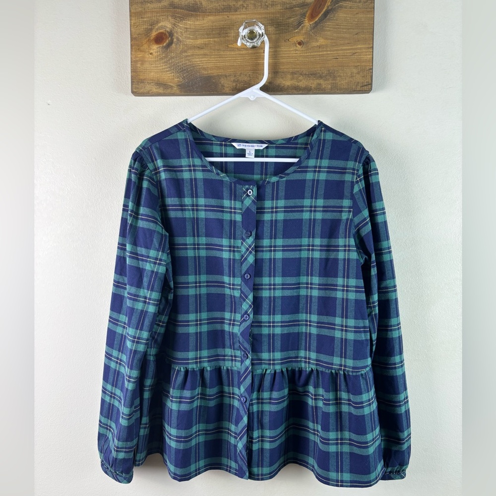 Southern Tide Plaid Peplum Long Sleeved Button Down Top Women’s Large